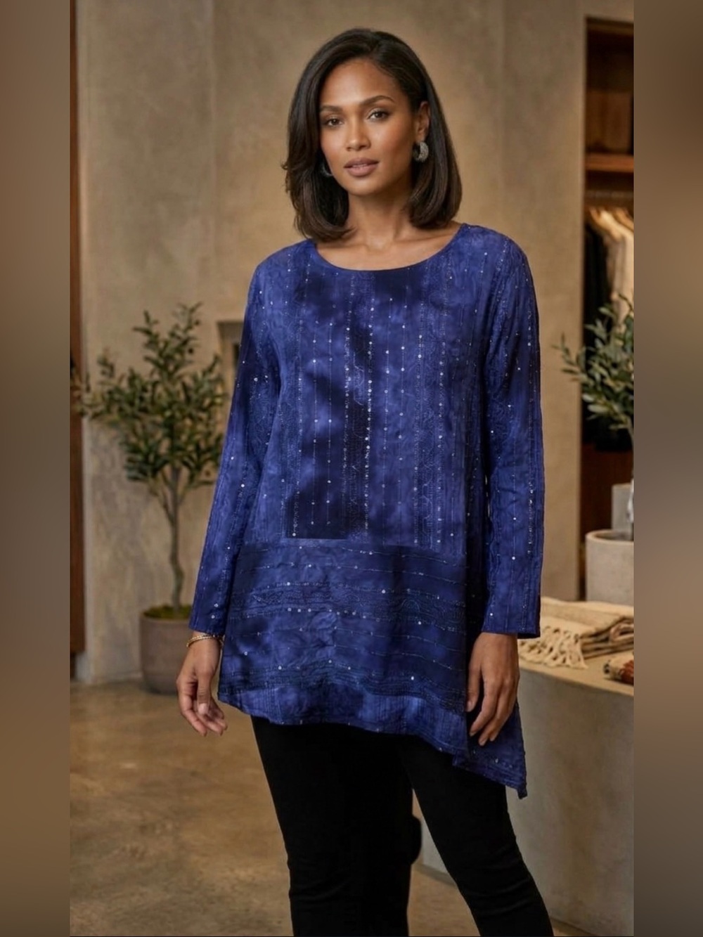 Avenue Deep Blue Long-Sleeve Beaded Tunic